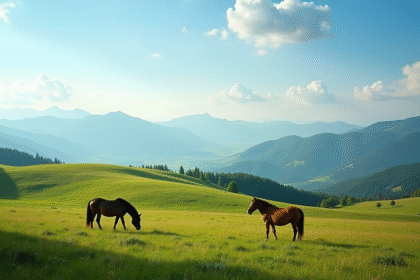 Vue panoramique du Plateau de Beille en été avec prairies et chevaux