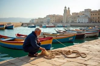 Port historique de Monopoli en Puglia avec bateaux de pêche colorés et vieille ville blanche en arrière-plan