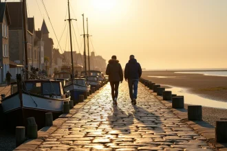 Couple se promenant sur les quais du port de Saint-Valery-sur-Somme avec des bateaux de pêche traditionnels amarrés et la baie de Somme en arrière-plan