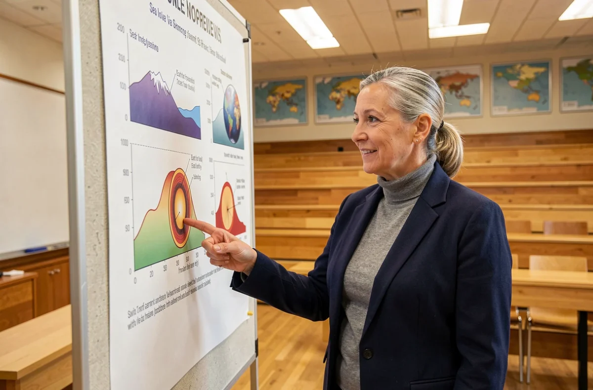 Professeure de géographie expliquant les différents critères de mesure de la hauteur des montagnes devant un schéma comparatif dans un amphithéâtre universitaire