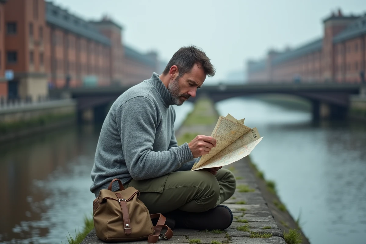 Homme consultant une carte papier assis sur un parapet le long du Canal de l'Ourcq à Paris