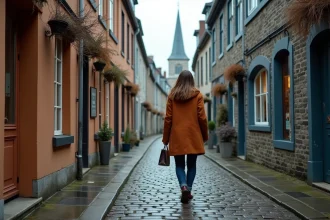 Femme se promenant dans une ruelle pavée de Honfleur en basse saison, maisons à colombages normandes