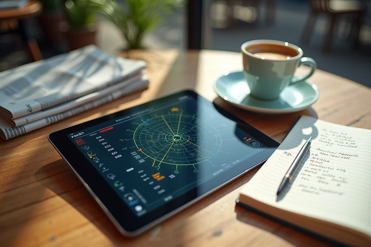 Tablette affichant un radar de suivi de vols en direct posée sur une table de café avec un carnet de notes