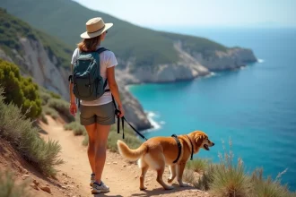 Femme avec chien sur sentier en Corse avec mer turquoise