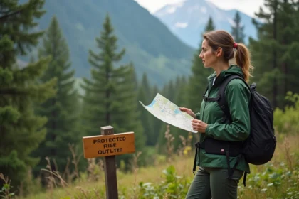 Femme en randonnée observant la forêt avec carte