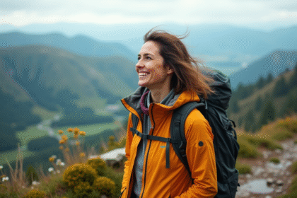 Femme souriante en randonnée avec vue panoramique