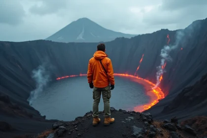 Randonneur au bord du cratère du volcan Nyiragongo au Congo avec lac de lave visible en contrebas