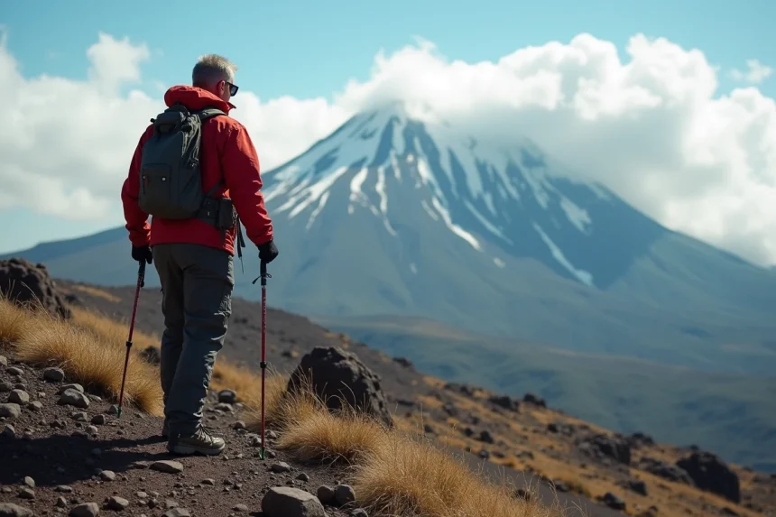 Randonneur expérimenté sur le plateau de Shira avec le sommet du Kilimandjaro en arrière-plan