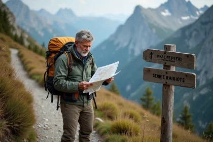 Homme randonneur vérifiant une carte en montagne