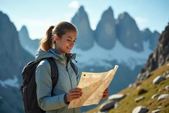 Randonneuse consultant une carte sur un sentier de montagne avant de visiter la Tour de Piz, planification d'une réservation en avance