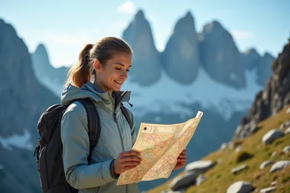 Randonneuse consultant une carte sur un sentier de montagne avant de visiter la Tour de Piz, planification d'une réservation en avance