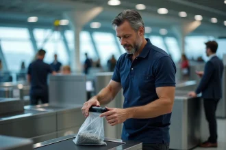 Homme plaçant un rasoir électrique dans un sac plastique transparent aux contrôles de sécurité d'un aéroport