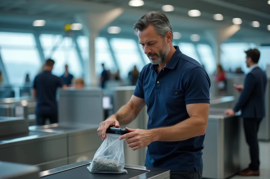 Homme plaçant un rasoir électrique dans un sac plastique transparent aux contrôles de sécurité d'un aéroport