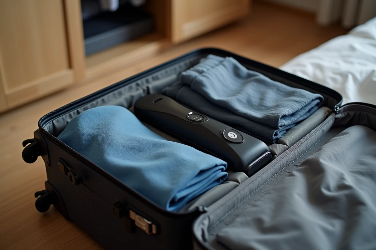 Rasoir électrique sans fil rangé dans une valise cabine ouverte avec des affaires de voyage soigneusement pliées