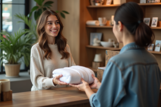 Jeune femme recevant une serviette dans un hostel moderne