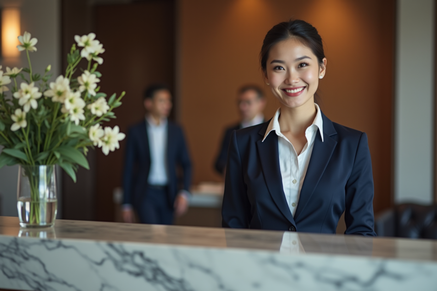 Réceptionniste d'hôtel accueillante souriante à la réception