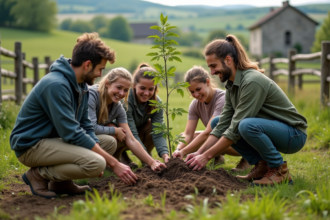 Groupe divers plantant des jeunes arbres dans la campagne