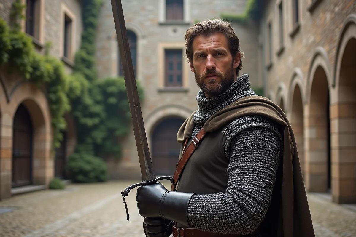 Reconstitution historique avec un chevalier en armure dans la cour intérieure d'un château fort français