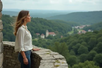 Femme admirant le panorama depuis les remparts d'un château fort médiéval en France