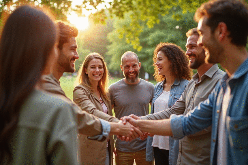 Groupe diversifié souriant et se serrant la main dans un parc