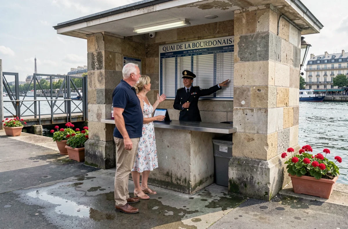 Couple réservant une croisière sur la Seine auprès d'un agent à un embarcadère parisien