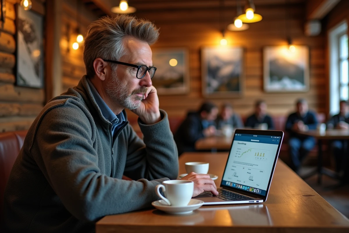 Homme réservant en ligne la Tour de Piz depuis un café de village alpin, illustration de la planification anticipée d'une visite touristique