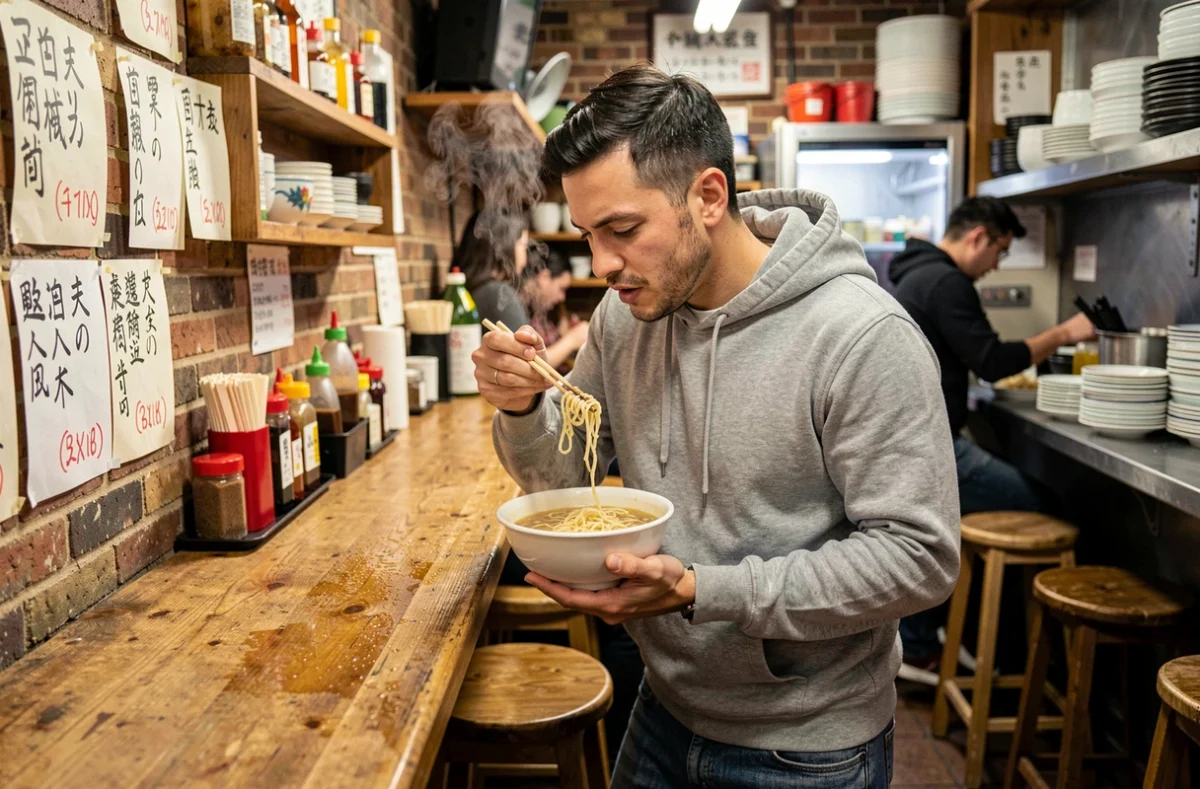 Homme dégustant un bol de ramen dans un petit restaurant de nouilles abordable à Chinatown près de Piccadilly Circus