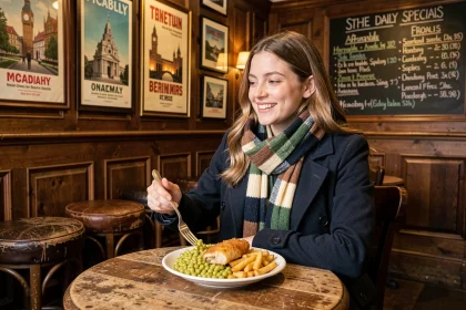Jeune femme mangeant du fish and chips dans un pub traditionnel britannique près de Piccadilly Circus à Londres
