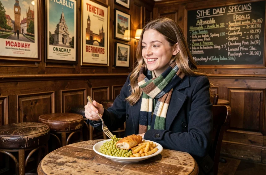 Jeune femme mangeant du fish and chips dans un pub traditionnel britannique près de Piccadilly Circus à Londres