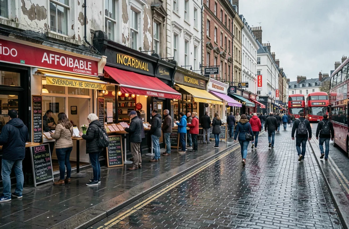 Rue animée près de Piccadilly Circus avec des restaurants abordables et des touristes consultant les menus affichés