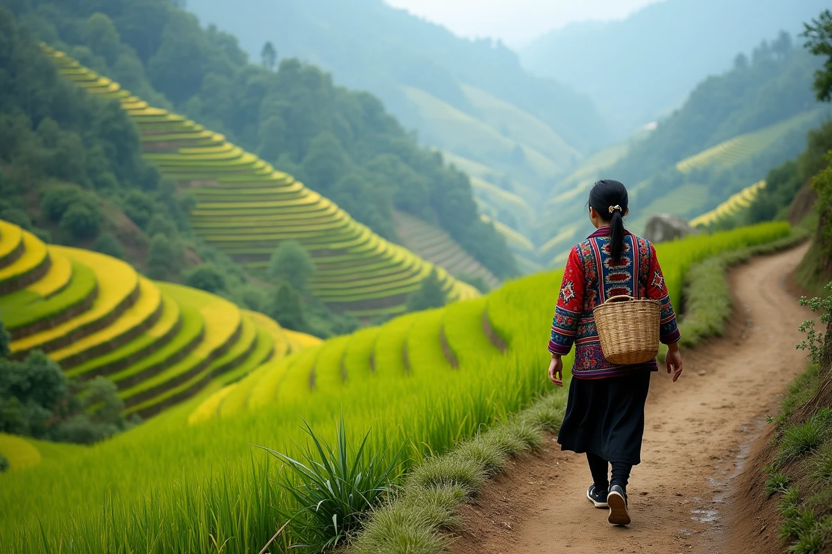 Femme Hmong marchant sur un sentier au milieu des rizières en terrasses de Mu Cang Chai, Vietnam