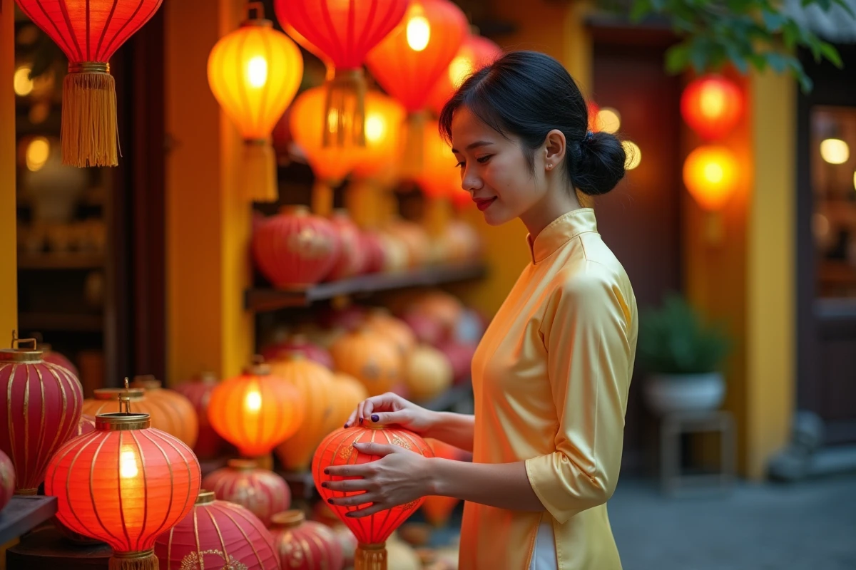 Femme en ao dai traditionnel arrangeant des lanternes colorées dans une rue pittoresque de Hoi An au Vietnam