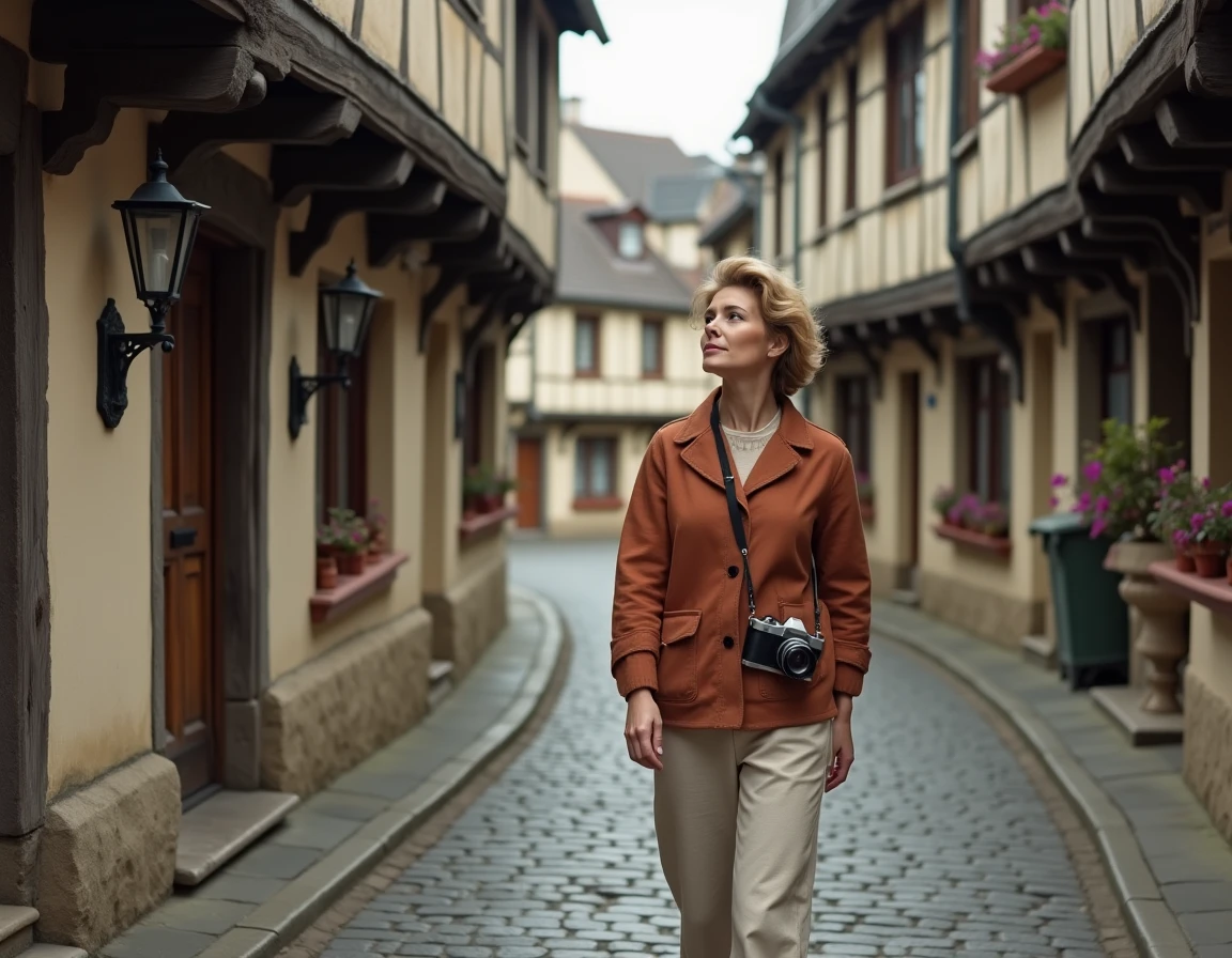 Femme se promenant dans une rue pavée médiévale de Normandie bordée de maisons à colombages typiques