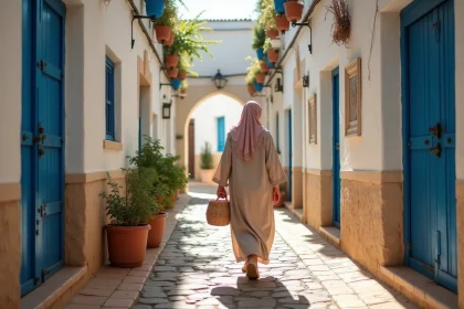 Ruelle pavée de la médina de Tanger avec femme en djellaba marchant sous une arche blanchie à la chaux et portes bleues traditionnelles