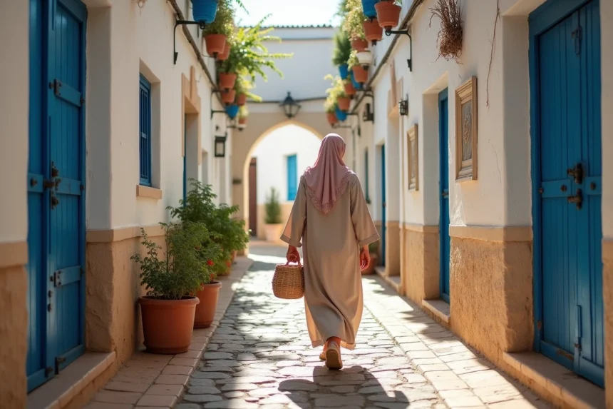 Ruelle pavée de la médina de Tanger avec femme en djellaba marchant sous une arche blanchie à la chaux et portes bleues traditionnelles