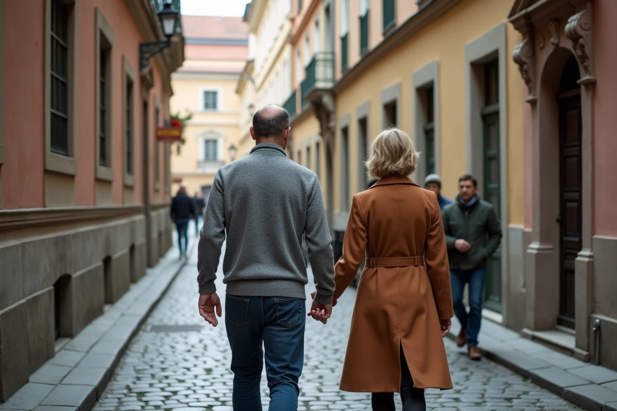 Couple se promenant dans une ruelle pavée du quartier de la Vieille-Ville de Prague entourée d'immeubles historiques
