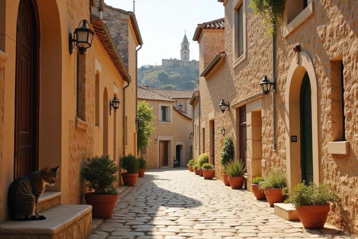 Ruelle pittoresque du village circulaire de Gruissan avec tour Barberousse et maisons en pierre