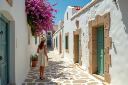 Ruelle pavée typique de Tinos avec maisons blanchies à la chaux, bougainvillées et femme en robe de lin explorant le village
