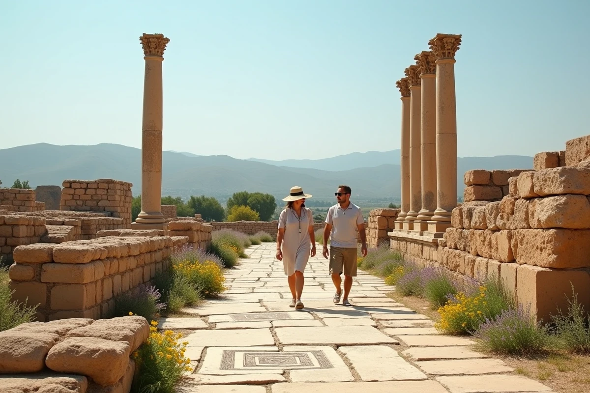 Visiteurs explorant les colonnes romaines et les mosaïques des ruines de Volubilis près de Tanger lors d'une excursion historique