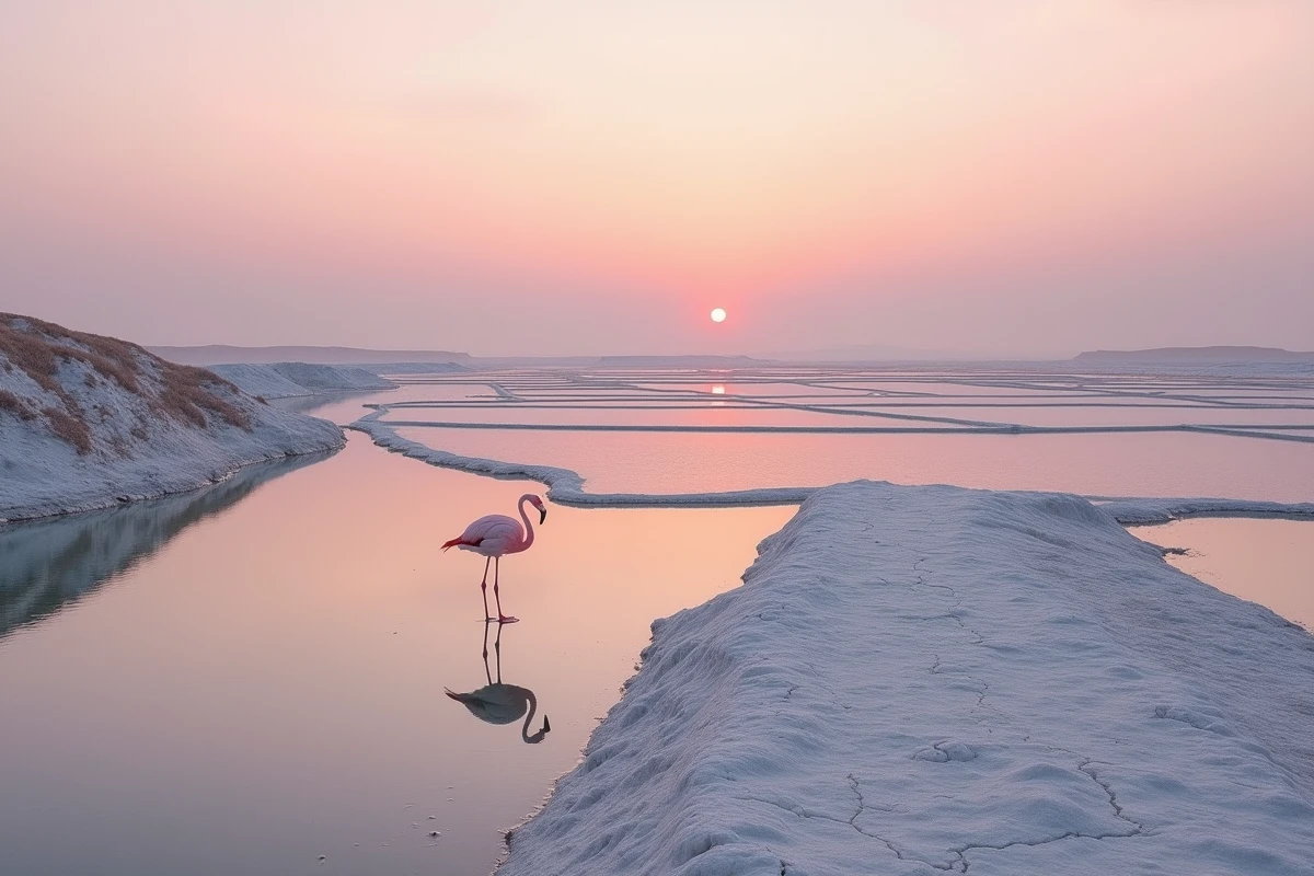Salins de Gruissan au crépuscule avec flamants roses et reflets dans les bassins de sel