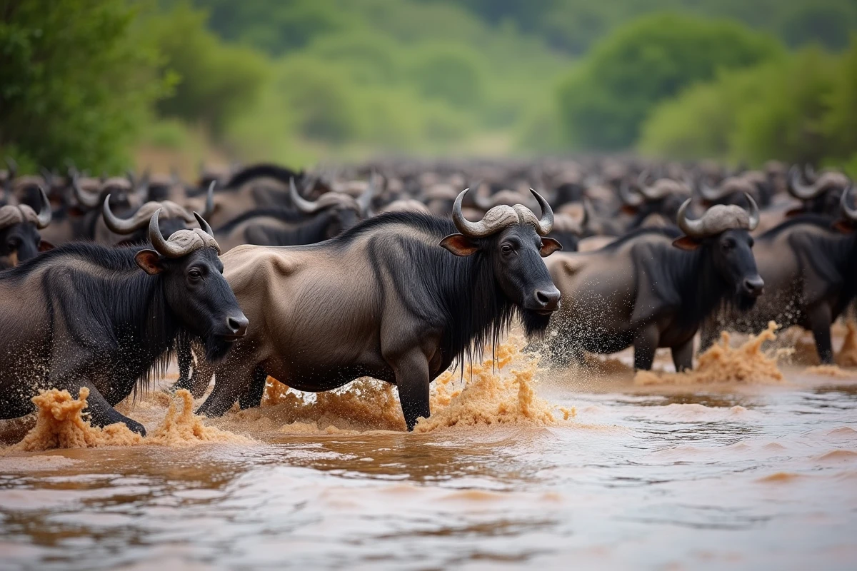 Traversée de rivière en crue par des gnous dans le Serengeti pendant la saison des pluies