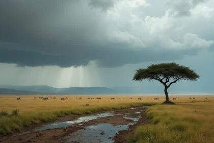 Paysage du Serengeti sous les nuages de la saison des pluies avec zèbres et acacia solitaire