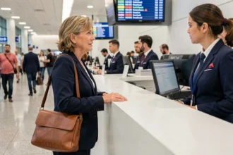 Passagère discutant avec un agent du service client Delta Airlines au comptoir de l'aéroport pour un retard de vol