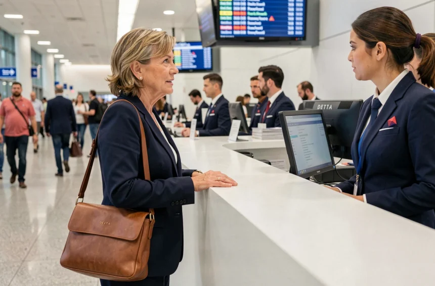 Passagère discutant avec un agent du service client Delta Airlines au comptoir de l'aéroport pour un retard de vol