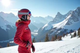 Skieuse en veste rouge au sommet d'un domaine skiable de la Vallée d'Aoste avec vue panoramique sur les Alpes enneigées