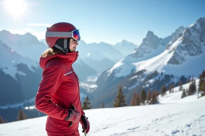 Skieuse en veste rouge au sommet d'un domaine skiable de la Vallée d'Aoste avec vue panoramique sur les Alpes enneigées