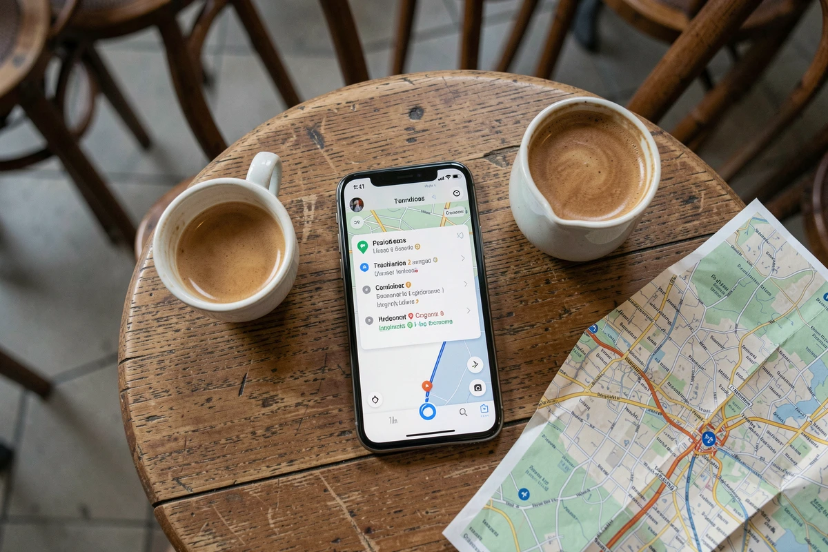 Smartphone affichant un itinéraire pédestre Google Maps avec icône économiseur de batterie, posé sur une table de café à côté d'un expresso et d'une carte papier