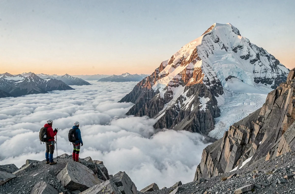 Deux alpinistes observant un immense sommet enneigé depuis une crête rocheuse en haute altitude, symbolisant la comparaison entre les plus hautes montagnes du monde