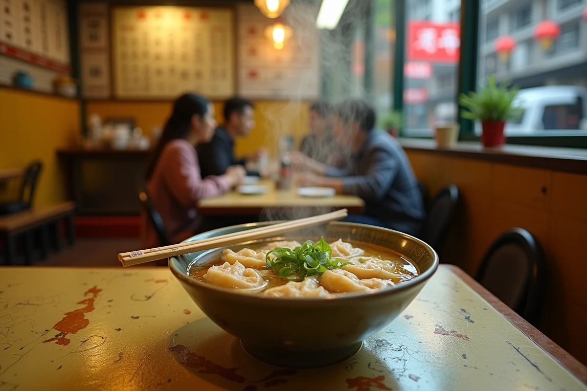 Bol de soupe wonton cantonaise avec nouilles aux œufs dans un petit restaurant de rue à Guangzhou