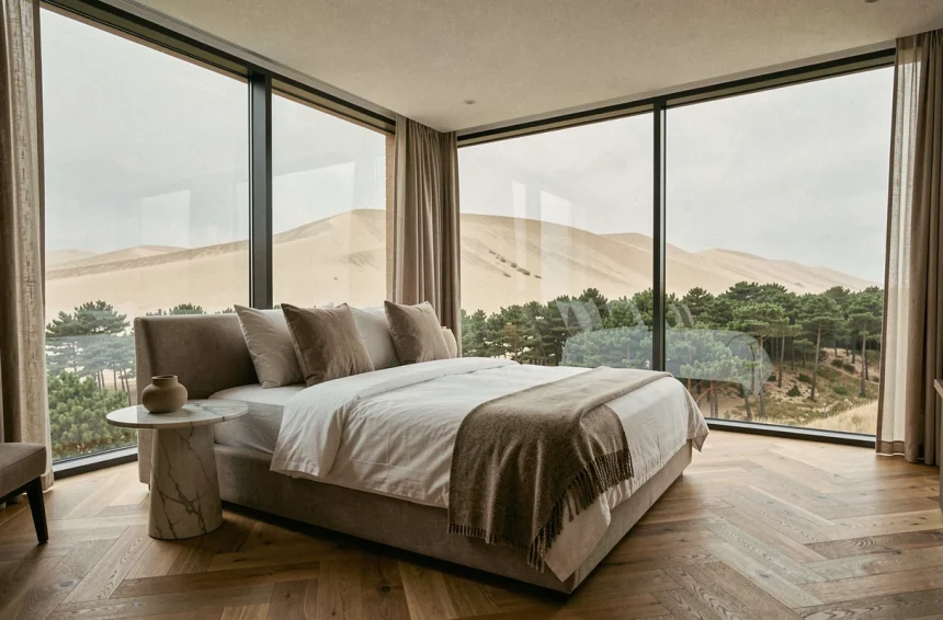 Suite hôtel de luxe avec vue panoramique sur la Dune du Pilat depuis une baie vitrée